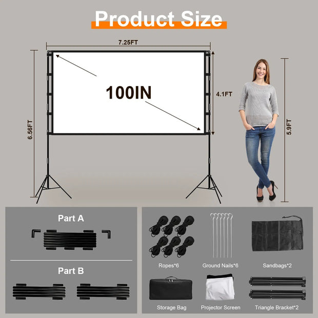 100inch 120inch Options Projector Screen With Stand 4K HD Rear Front Wrinkle-Free Portable And Foldable Movie Screen With Carry Bag For Indoor Outdoor Home Theater Backyard Cinema