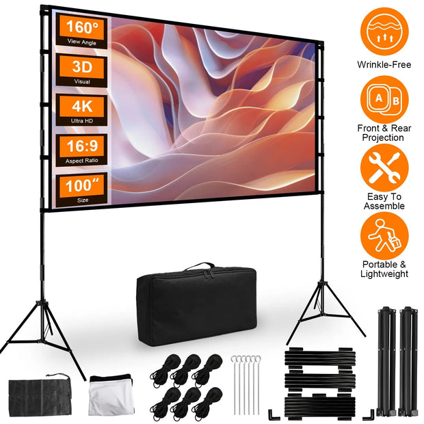 100inch 120inch Options Projector Screen With Stand 4K HD Rear Front Wrinkle-Free Portable And Foldable Movie Screen With Carry Bag For Indoor Outdoor Home Theater Backyard Cinema