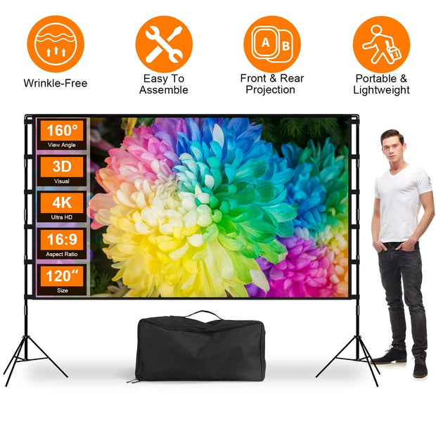 100inch 120inch Options Projector Screen With Stand 4K HD Rear Front Wrinkle-Free Portable And Foldable Movie Screen With Carry Bag For Indoor Outdoor Home Theater Backyard Cinema